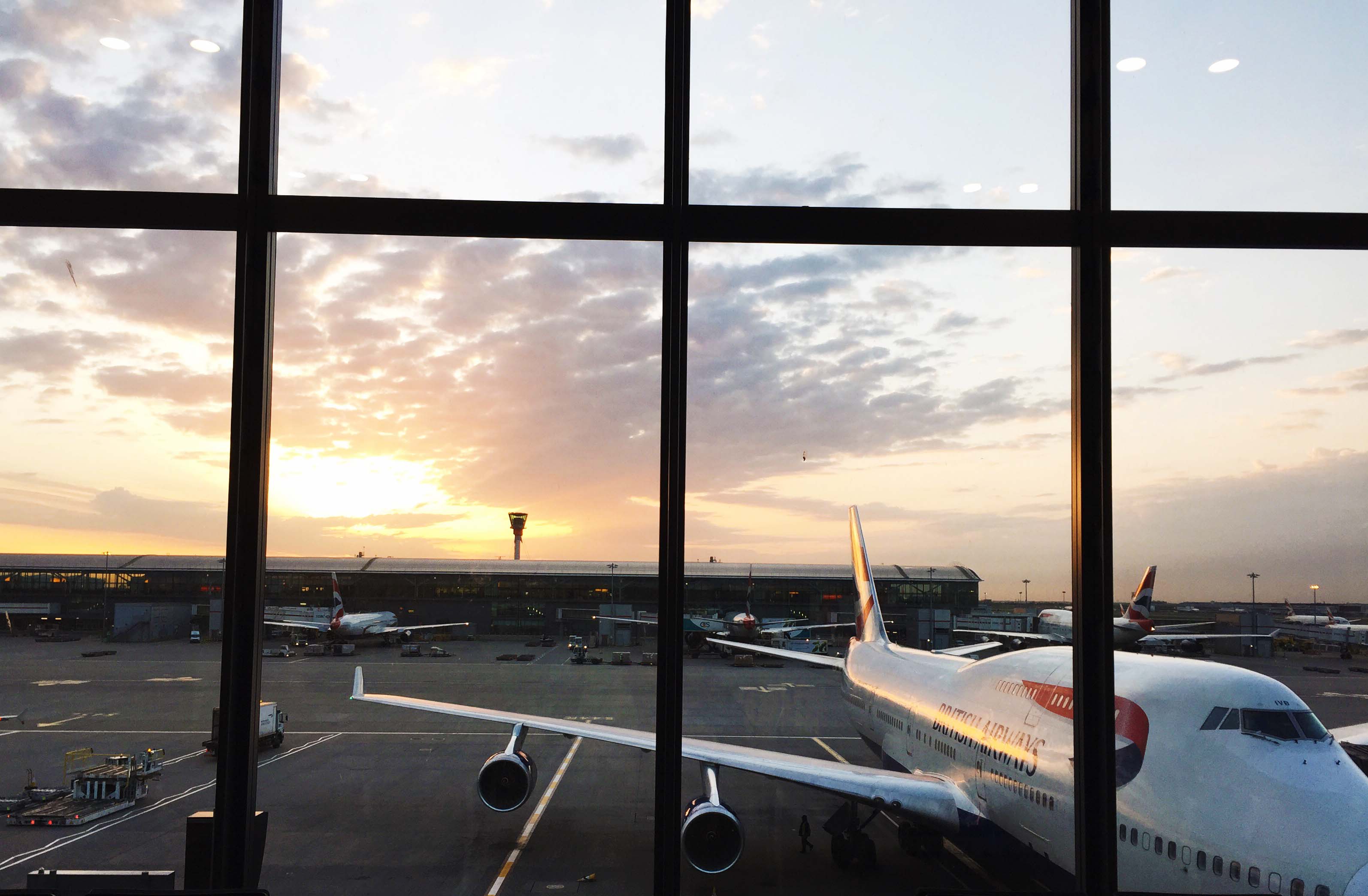 Sunrise at Heathrow Airport. British Airways flight