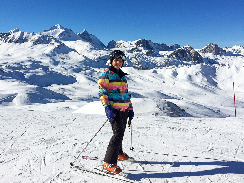 Woman skiing in Val d'Isere in the French Alps