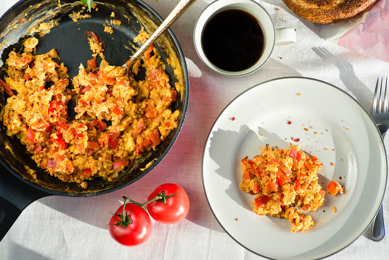 Menemen Turkish style scrambled eggs with tomatoes and peppers