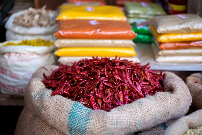 Red chillies at the market in Agra India