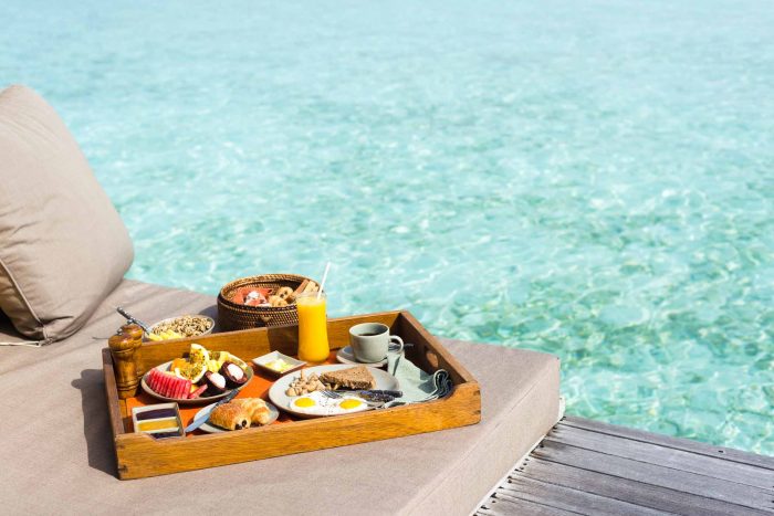 Breakfast by the swimming pool at a resort in the Maldives