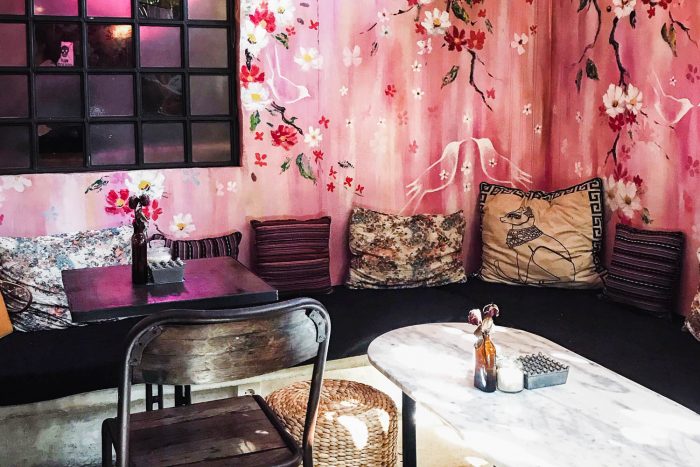 A pink coffee shop interior in Seminyak, Bali A pink coffee shop interior in Seminyak, Bali