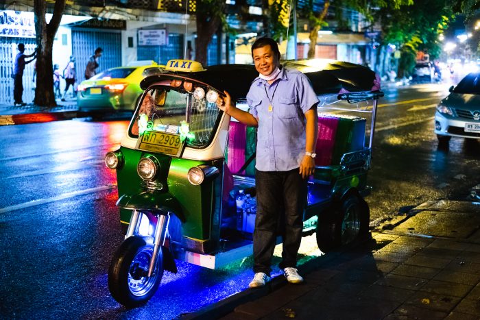 A tuk tuk at Night in the streets of Bangkok Thailand