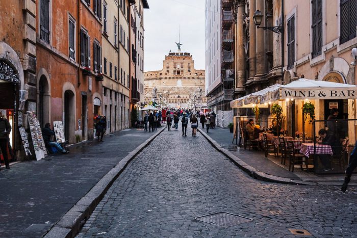 Streets in the city centre of Rome with a view of Castel Sant'Angelo | Italy