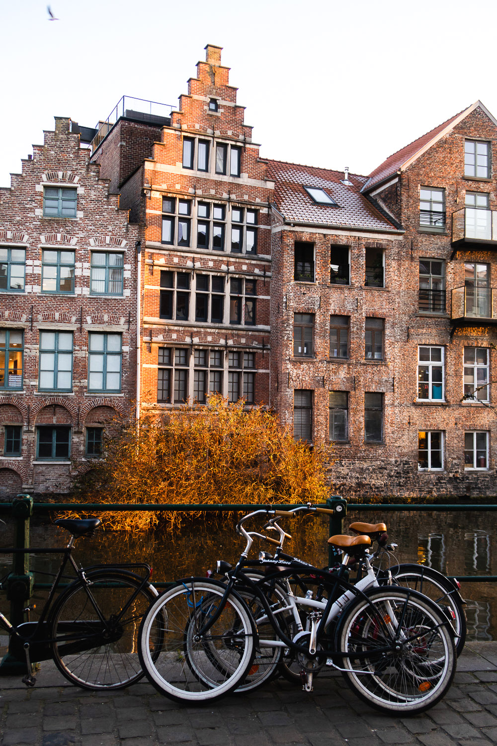 Bicycle by the river and old buildings in Ghent Bicycle by the river and old buildings in Ghent