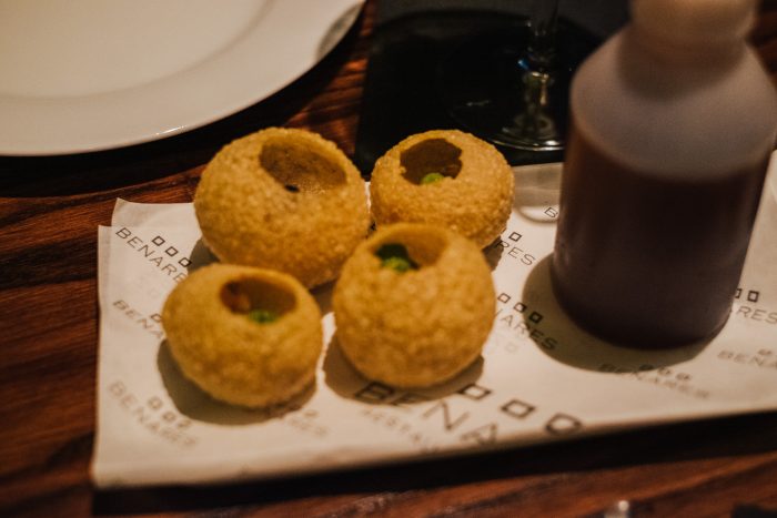 Gol Gappe with Kaanji- Fermented Black Carrot Water at Benares, a modern Indian food with a contemporary British twist in Mayfair London