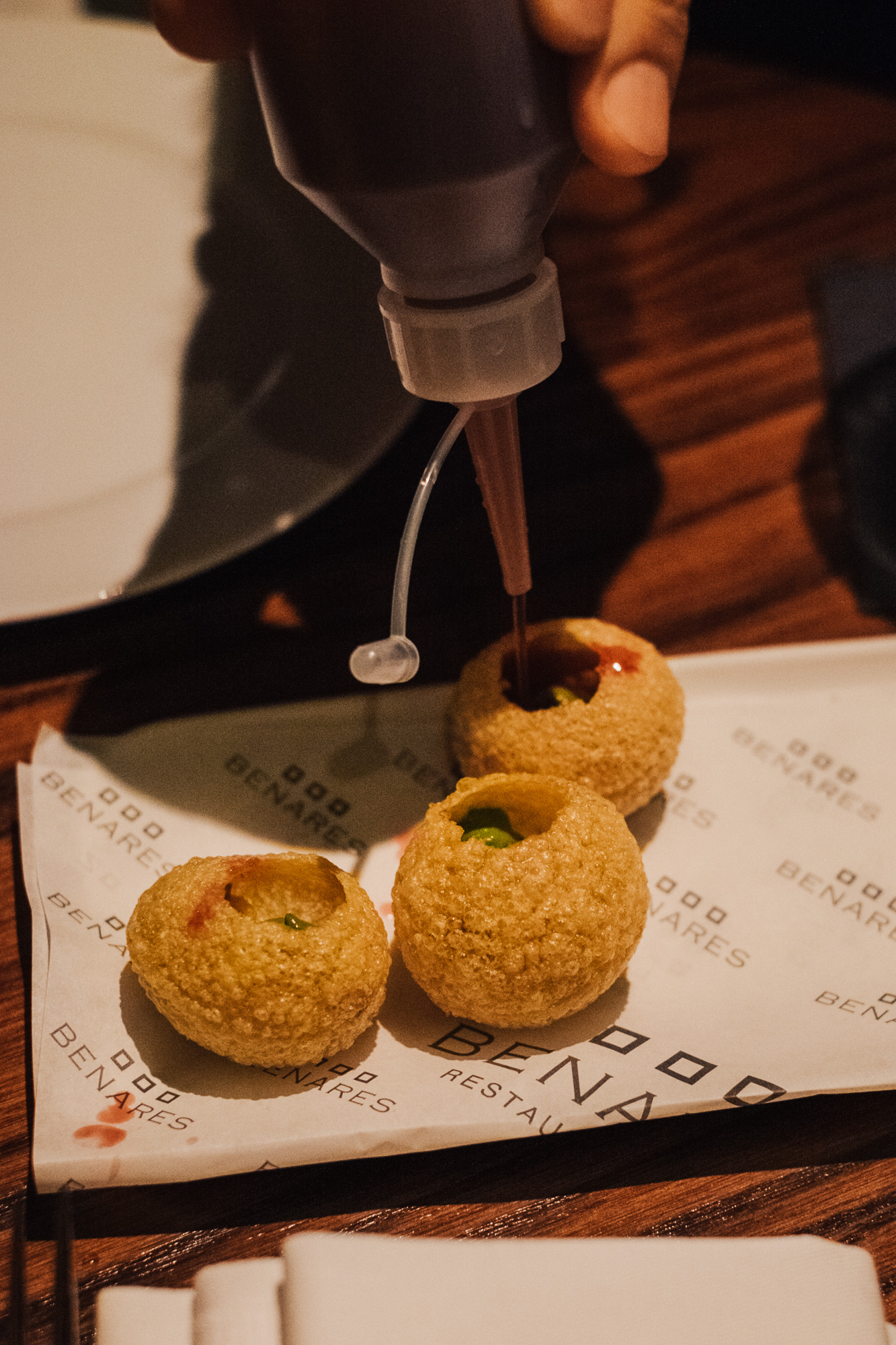 Gol Gappe with Kaanji- Fermented Black Carrot Water at Benares, a modern Indian food with a contemporary British twist in Mayfair London