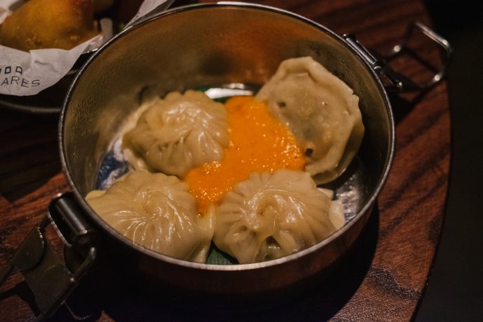 Free-Range Chicken Momos, Smoked Tomato Relish at Benares, a modern Indian food with a contemporary British twist in Mayfair London