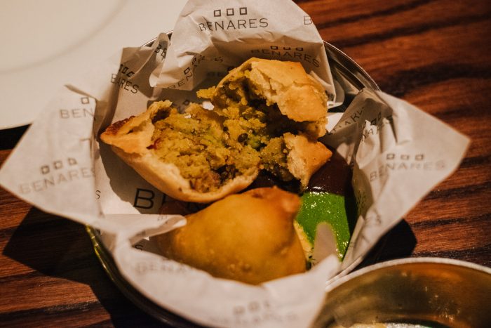 Samosa with Spiced Potato Filling, Tamarind Chutney at Benares, a modern Indian food with a contemporary British twist in Mayfair London