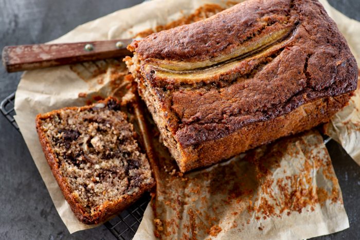 Banana bread with walnuts, pecans and chocolate chunks