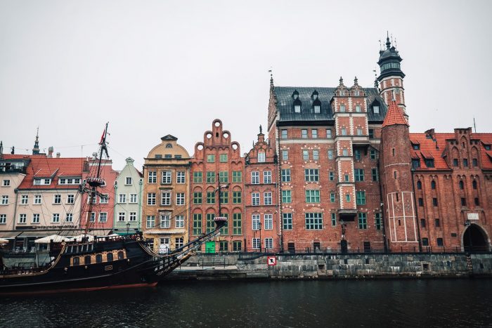 17th century style houses overlooking the picturesque Motlawa river front in Gdansk, Poland