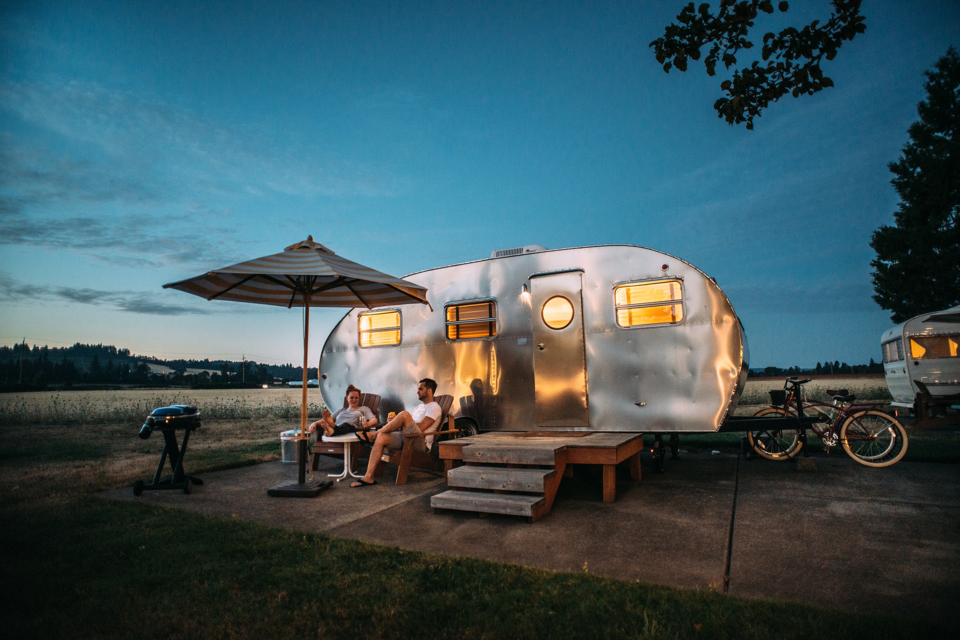 Motorhome parked at night in a camping site in Oregon, United States