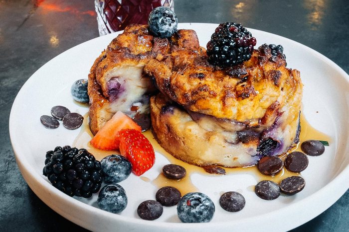 Blackberry Pita French Toast with maple, chocolate drops and pecans | Brunch at Bala Baya in London