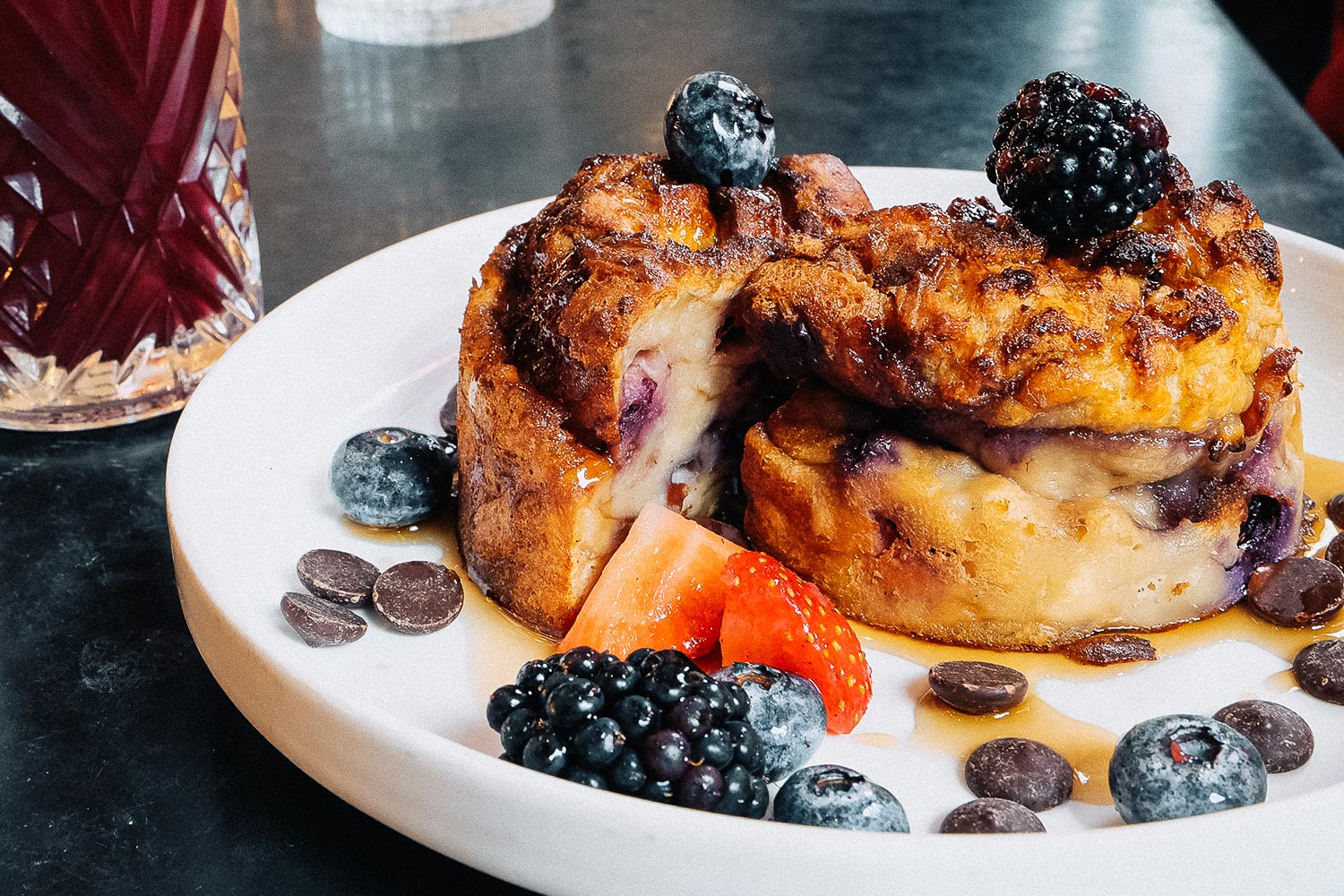 Blackberry Pita French Toast with maple, chocolate drops and pecans | Brunch at Bala Baya in London