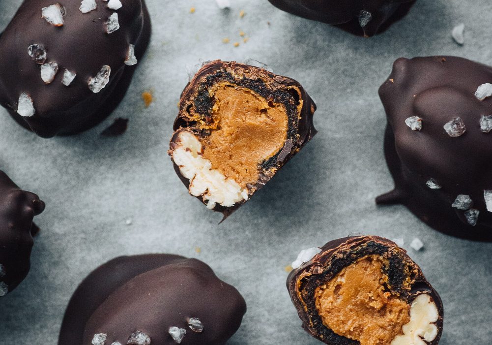 Chocolate covered Dates stuffed with Speculoos cookie spread and Pecans