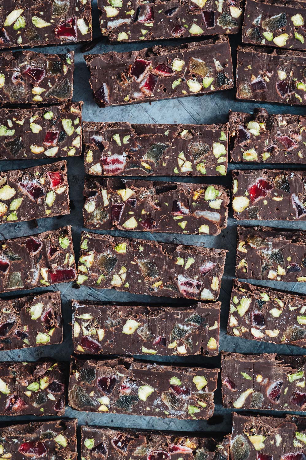 Dark Chocolate Bars filled with rosewater Turkish Delights, Candied Ginger and Pistachios
