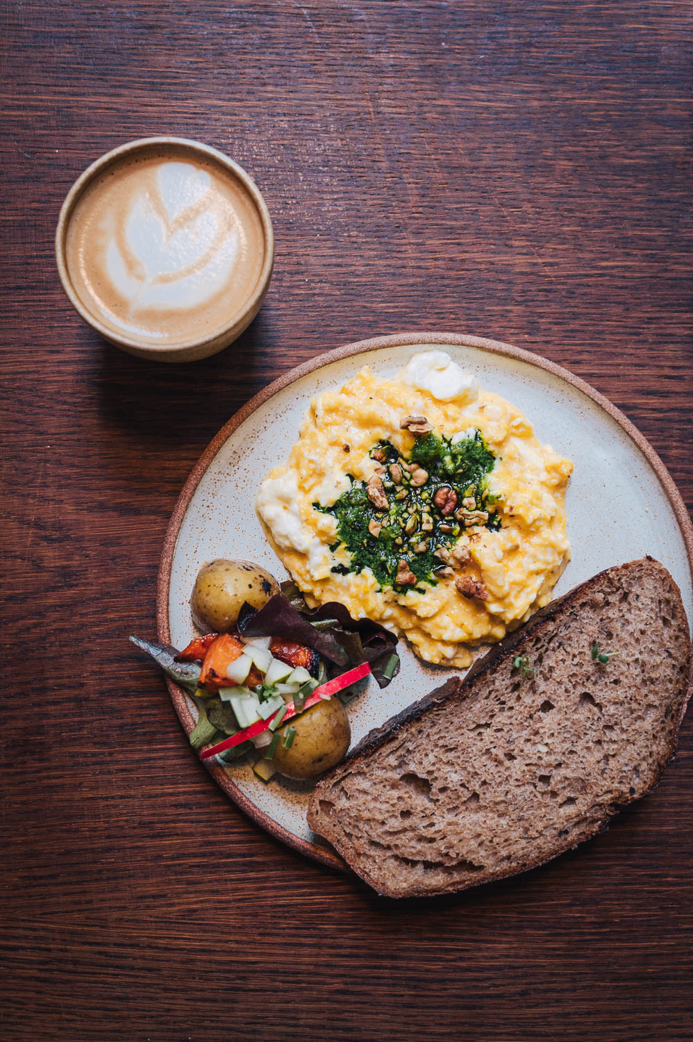 Breakfast dish with scrambled eggs and sourdough bread at Etapa cafe in Kralin, Prague Breakfast dish with scrambled eggs and sourdough bread at Etapa cafe in Kralin, Prague
