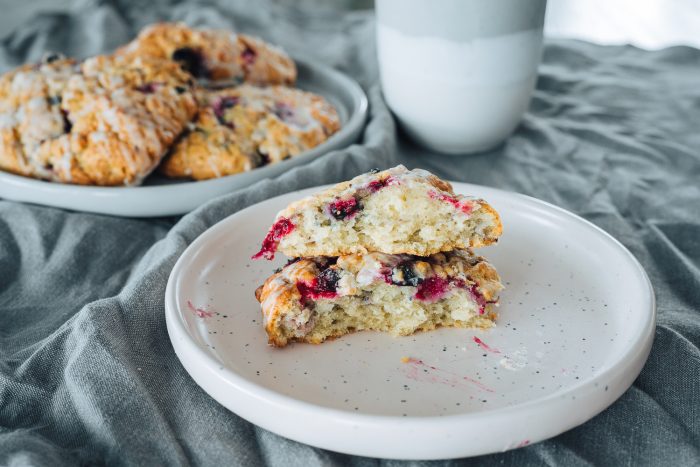 Quick and easy drop biscuits with whole blueberries. Recipe adapted from New York Times Cooking. #mondomulia