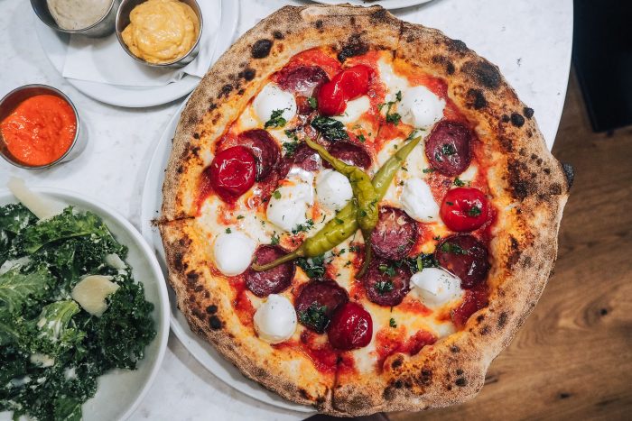 Wagyu Beef Salami Pizza with mozzarella di bufala DOP and pickled poponcini peppers - Pizza Pilgrims new sustainable pizzeria at Selfridges in London