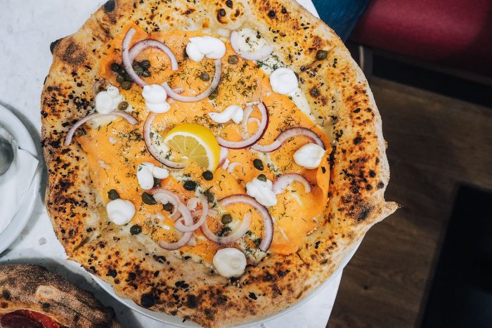 Smoked Salmon & Everything Bagel Seed Crust Pizza - Pizza Pilgrims new sustainable pizzeria at Selfridges in London