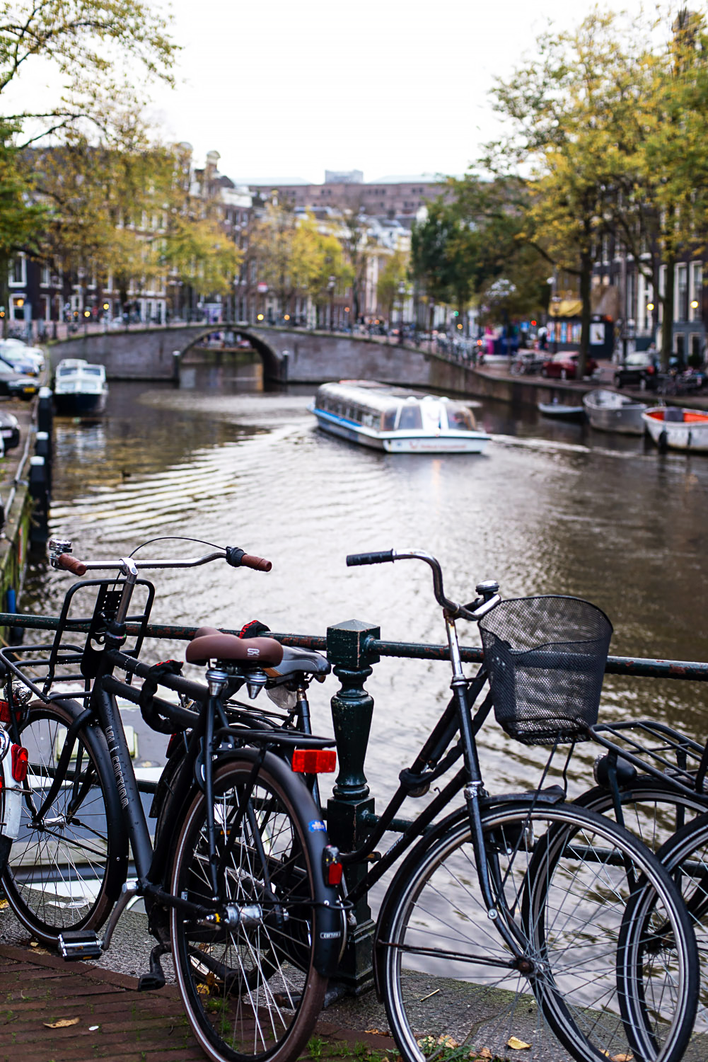 Bicycles parked on a bridge over the canal in Amsterdam, Netherlands