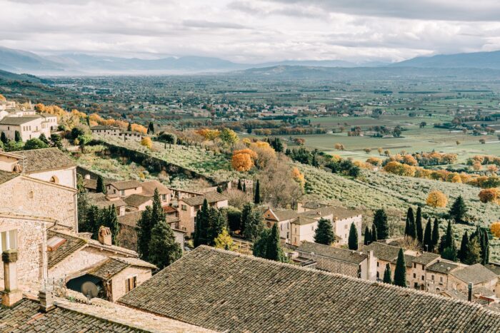 aerial view of Umbria countryside near Assisi, Perugia, Italy aerial view of Umbria countryside near Assisi, Perugia, Italy