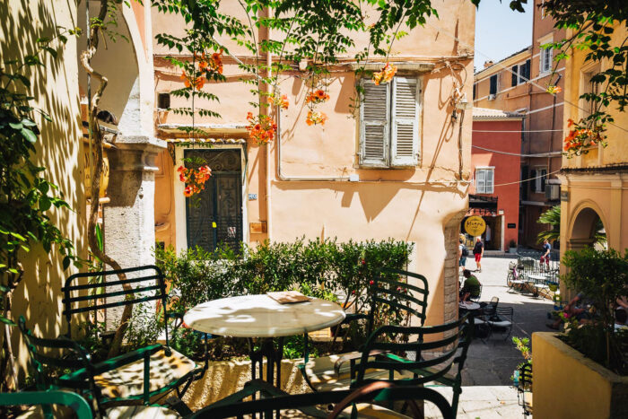 An outdoor cafe in old town Corfu, Greece An outdoor cafe in old town Corfu, Greece
