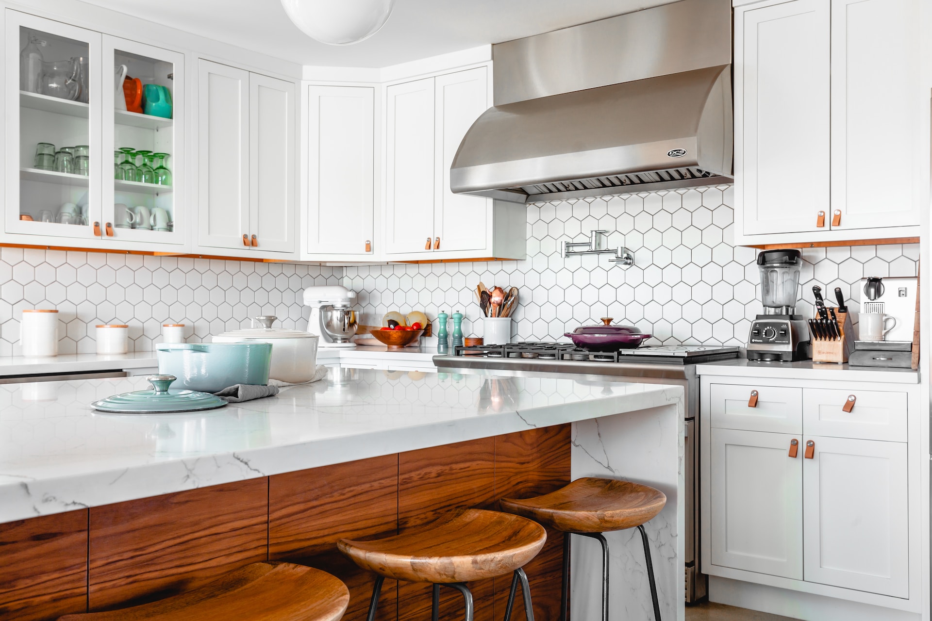 white kitchen and marble counter photo