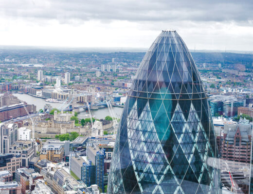 30 St Mary Axe (The Gherkin) and London skyline seen from Duck and Waffle restaurant