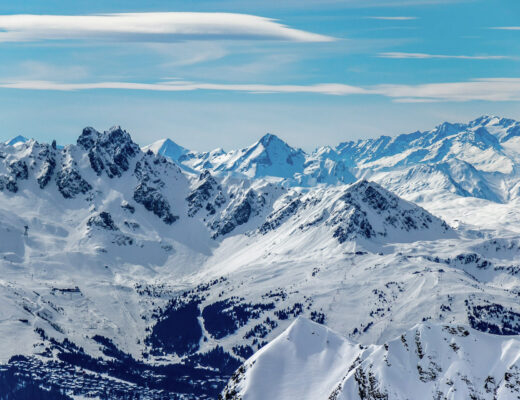 Snowy mountain peaks in La Plagne, Aime-la-Plagne, France