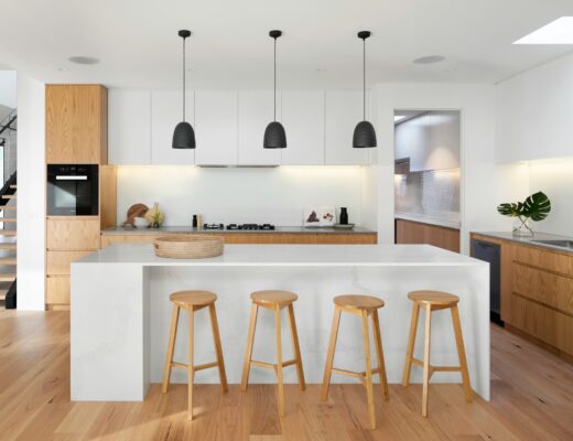 minimalist white and wood kitchen