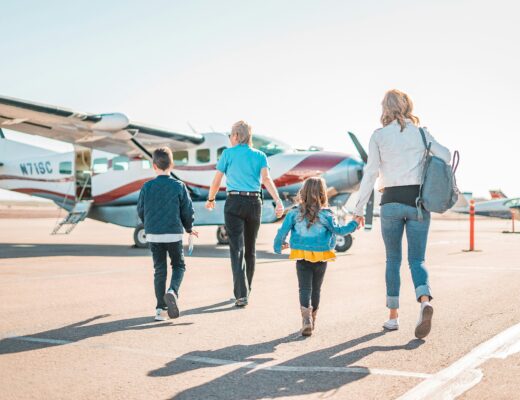 Family walking to an airplane - travel