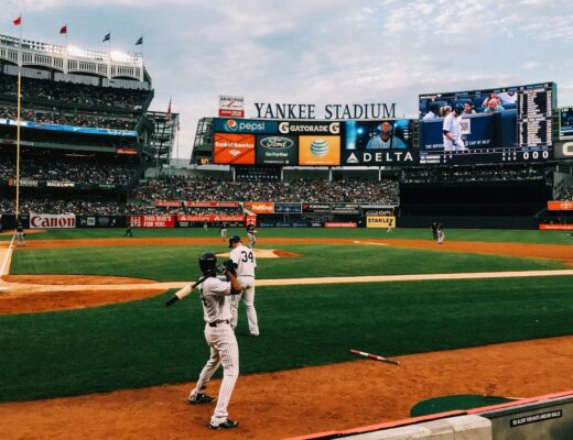 baseball players at yankee stadium in new york city
