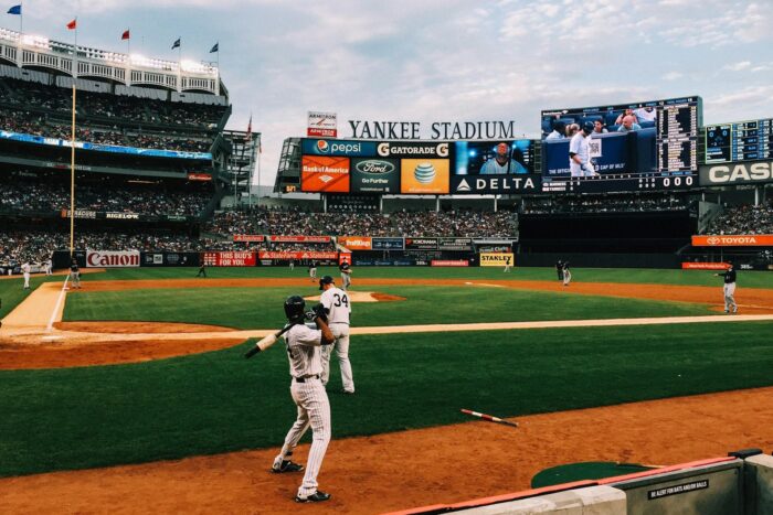 baseball players at yankee stadium in new york city