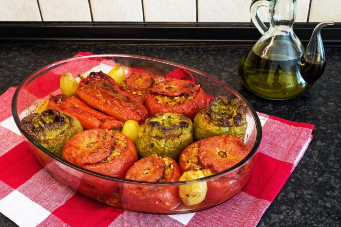 A dish of Yemista, stuffed tomatoes and peppers A dish of Yemista, stuffed tomatoes and peppers