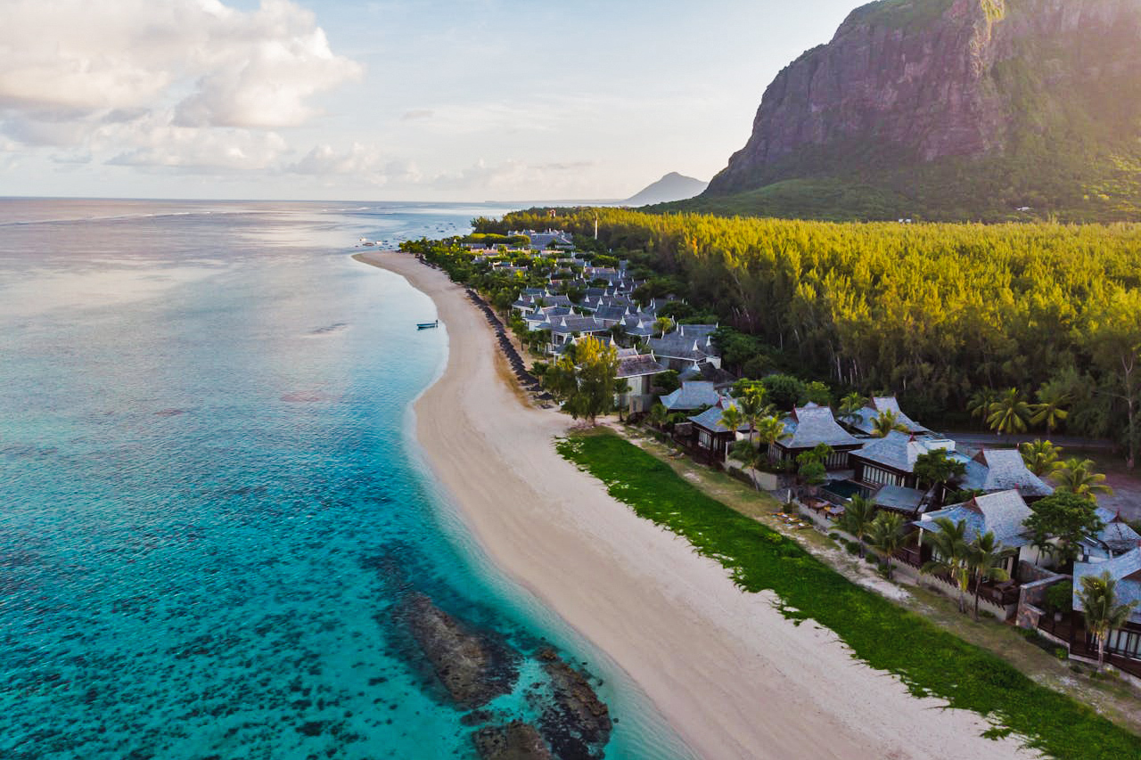 Aerial photo of an island in Le Morne, Mauritius