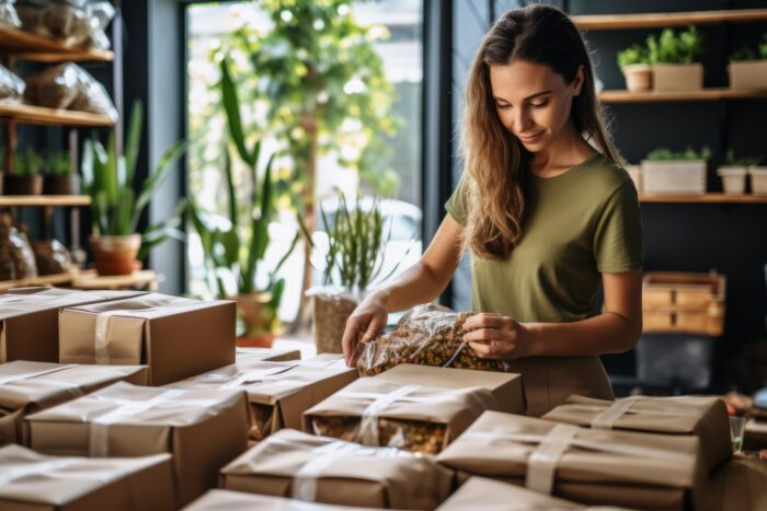Woman prepares food boxes in a kitchen. Eco-friendly containers for storing green consumer shop net zero waste store woman seller retail home office shop