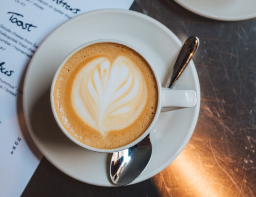 A cappuccino coffee in a white ceramic cup