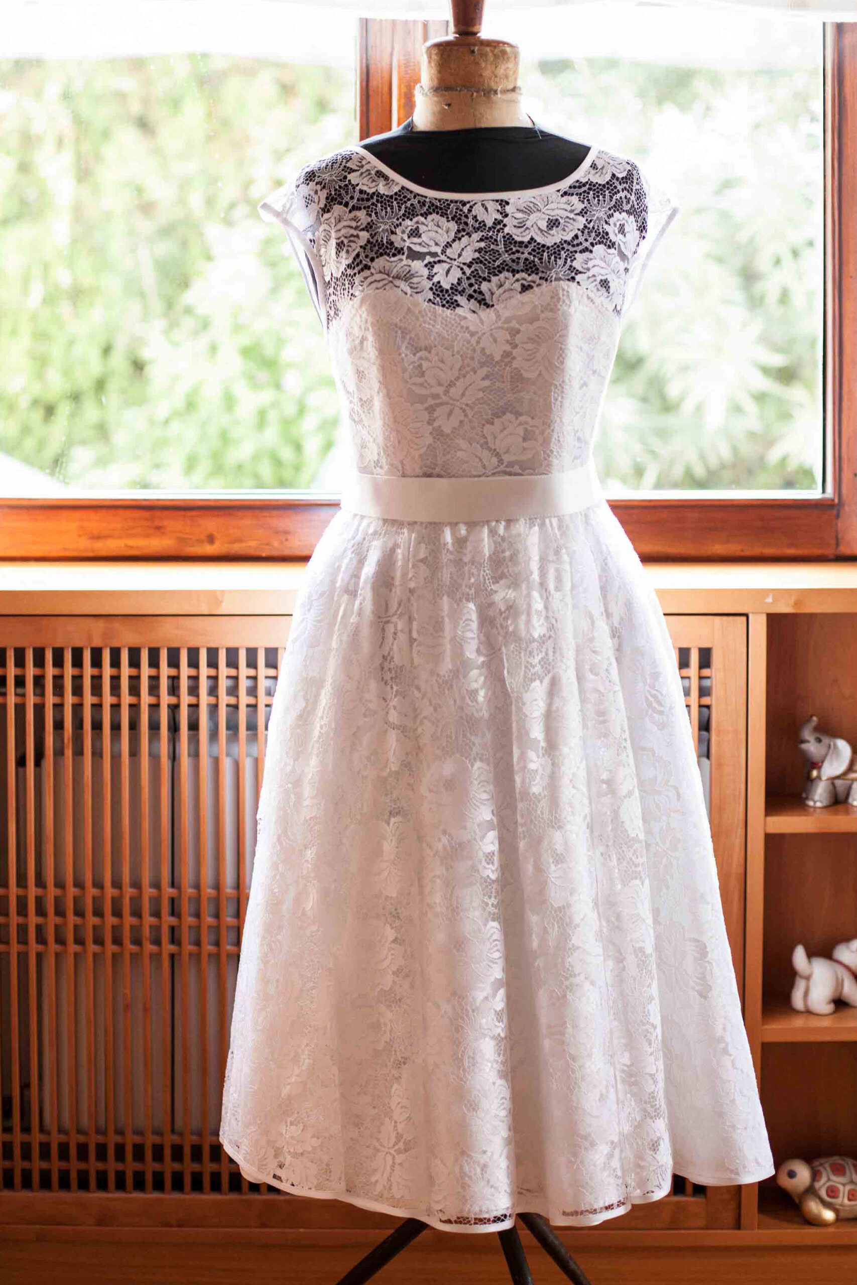 A vintage white wedding dress with lace