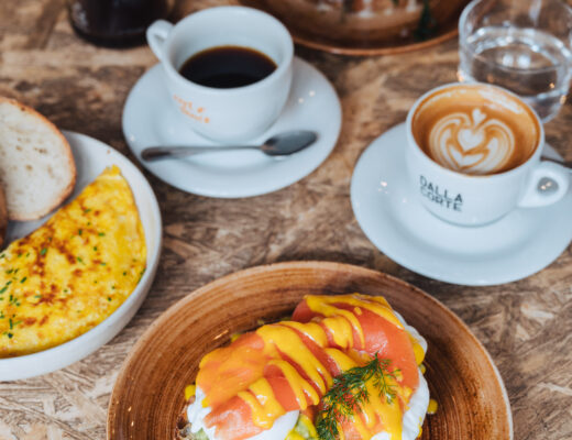 Breakfast on a table in Rome with eggs and avocado on toast and cappuccino