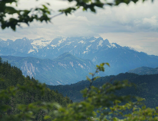 Green hills and mountains with snow in Slovenia