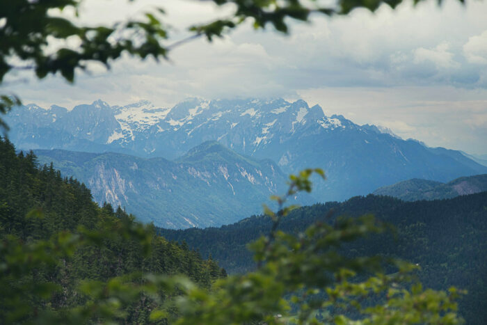 Green hills and mountains with snow in Slovenia