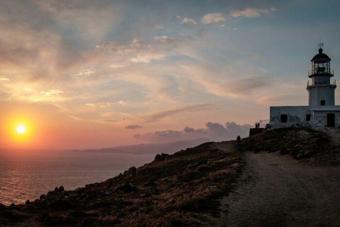 Sunset view of Armenistis Lighthouse, Mykonos, Greece