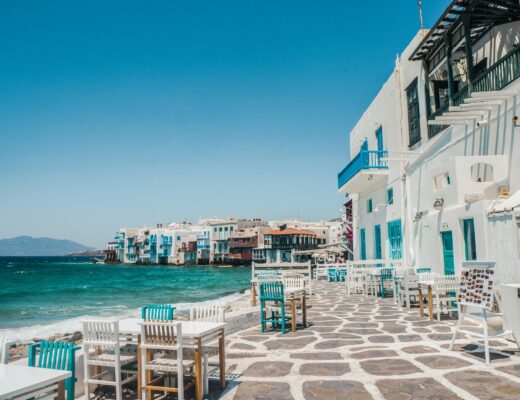 White houses and Mediterranean sea in Mykonos town in Greece