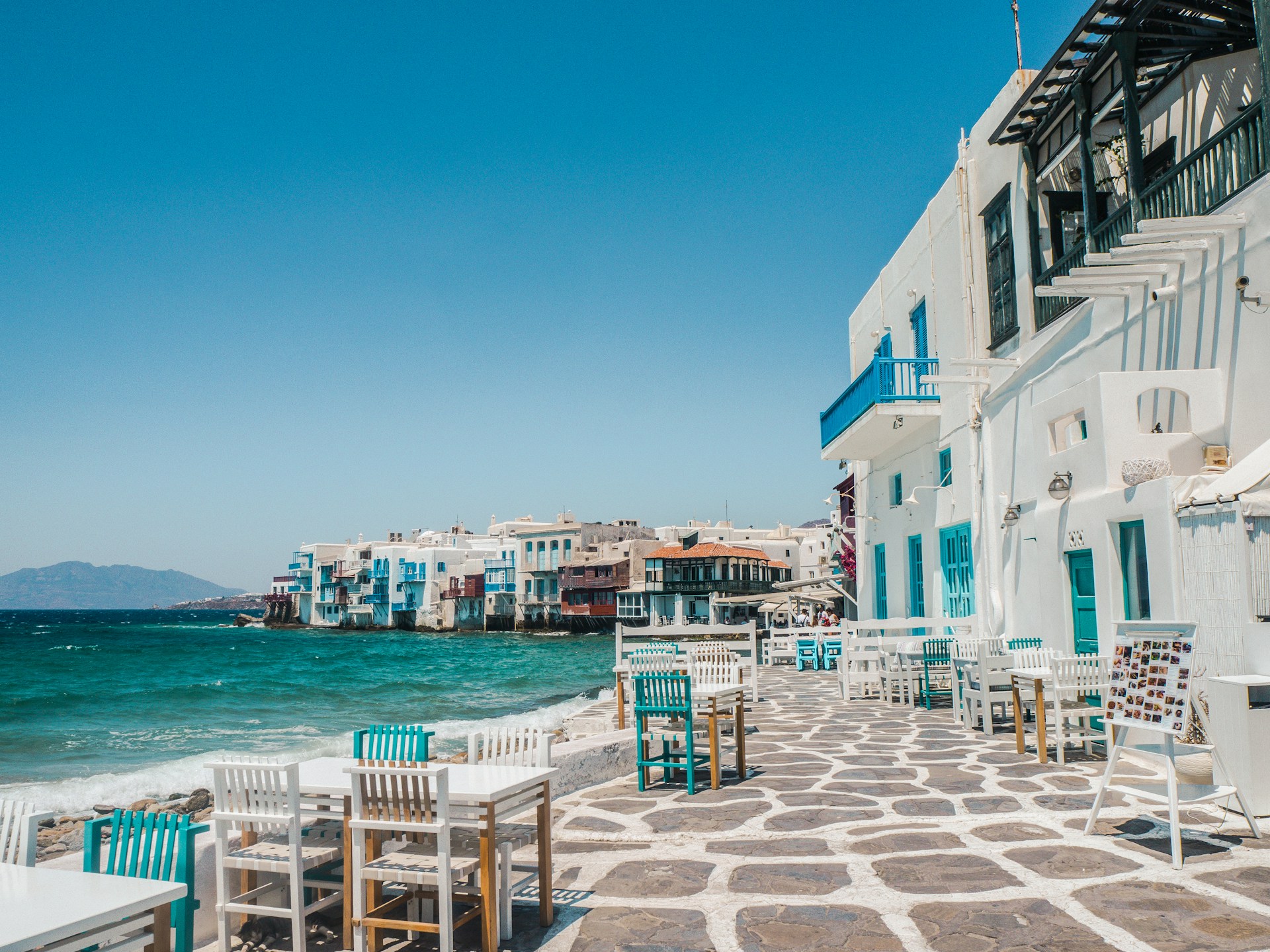White houses and Mediterranean sea in Mykonos town in Greece