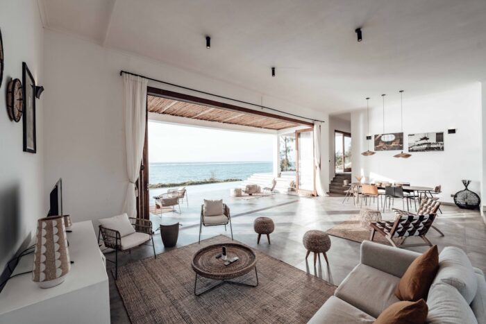 interior of a living room in a vacation home with sea view