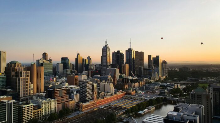 Skyline with sunrise and balloons, Melbourne, Australia 