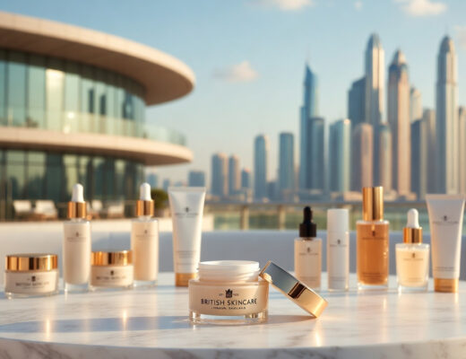 beauty products on a white table with city skyline in the background