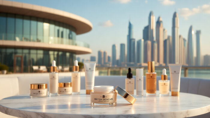 beauty products on a white table with city skyline in the background