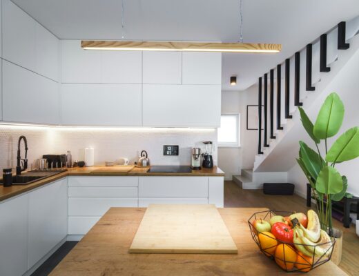 a modern kitchen with white furniture